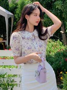 DAZY 蔥頸花卉短袖襯衫 - 淡紫色 - 查看 5