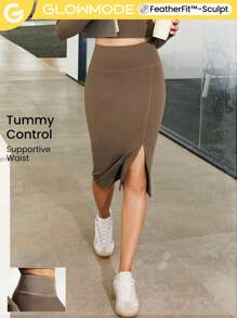 GLOWMODE FeatherFit™-Sculpt Tummy Control Slit Midi Pencil Skirt - Camel - View 11
