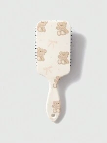 ROMWE Fairycore 1pc Pink Bear Shaped Cute Cushion Hairbrush With Bow, Massage & Anti-Static Paddle Brush