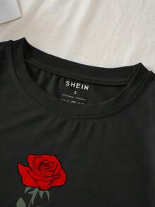 SHEIN Áo thun tay ngắn in hoa hồng mùa hè giản dị có cổ tròn Love Yourself Graphic Tees dành cho nữ - màu đen - Xem 4