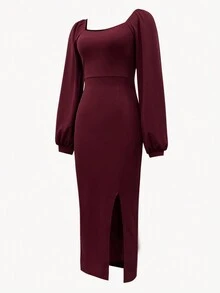 女士时尚优雅灯笼袖高开叉连衣裙 - 酒紅色 - 查看 4