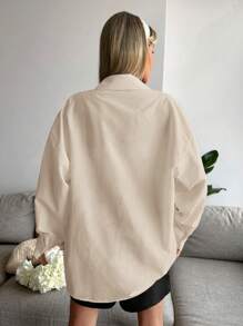 SHEIN Cottnline Women's Solid Color Drop Shoulder Long Sleeve Shirt - Beige - View 2