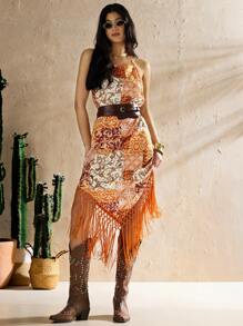 Forever 21 女性夏季音樂節BOHO風格全幸福印花長頸懸掛編織流蘇連衣裙 - 橘色 - 查看 3