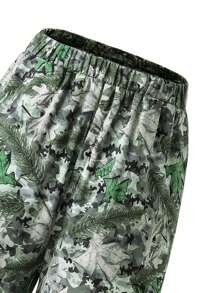 SHEIN Tween Boy Vacation Style Plant Printed Wide-Legged Casual Pants With Pockets - Army Green - View 4