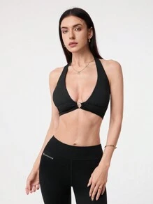 Easithlete Top de treino feminino estilo simples e de cor sólida com alça para o pescoço