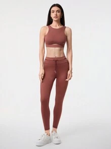 Easithlete Women's Solid Color Round Neck Hollow Out Back Sports Bra - Brown - View 3