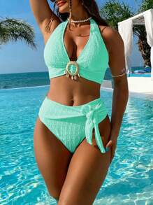 Swim Lushoire Women's Solid Color Halter Neck Bikini Set With Separated Bikini Set For Summer Beach Vacation Two Pieces Setgreen Two Pieces Settwo Piece Summer Women - Mint Blue - View 1