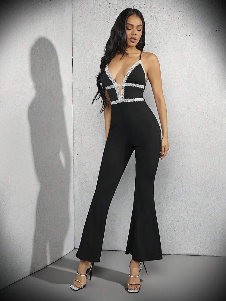 Lace Trim Flare Leg Jumpsuit