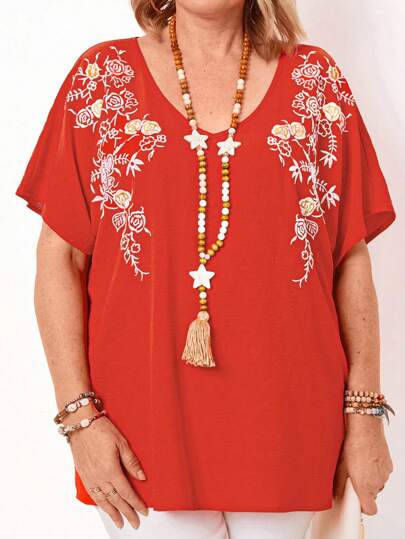 EMERY ROSE Plus Size Women's Orange Fashionable Loose Printed Daily Short Sleeve Embroidery Graphic Mom Shirts