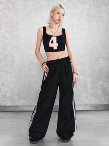 SHEIN EZwear 網狀數字拼接結構背心和側邊條紋褲子 - 黑色 - 查看 5