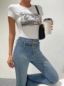 SHEIN EZwear 女款 Y2K 90 年代复古标语吉他图案短款 T 恤