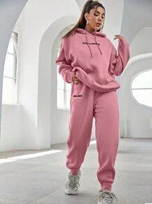 RueChic Women'S Letter Embroidery Drawstring Hoodie And Sweatpants Two-Piece Set - Pink - View 3