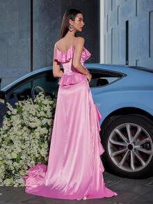 修身款緞面接拼亮片高衩荷葉邊領口地長晚會禮服派對裙 - 玫紅色 - 查看 2