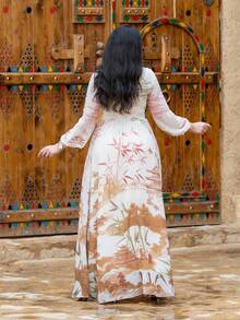 Damen Blumenprint Stand-Kragen Laternenhülse elegantes Kleid