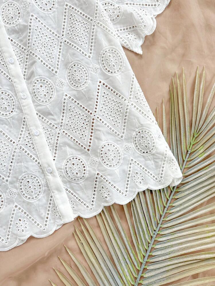 Women's Loose White Shirt With Texture Embroidery And Burnt-Out Flower Pattern, Suitable For Vacation, Beach, Graduation Season, Easter Party, Lunch And Afternoon Tea Outings