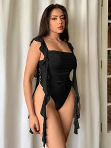 Firerie Summer Fashion Solid Color Ruffle Trim Belted Bodysuit - Black - View 4