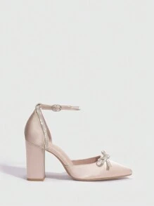 CUCCOO CHICEST Woman Shoes Rhinestone Detail Bow Decor Point Toe Chunky Beige High-Heeled Pumps For Summer Graduation Heels Prom Heels Vacation Shoes Summer Elegant Heels Spring Shoes Spring Break Easter