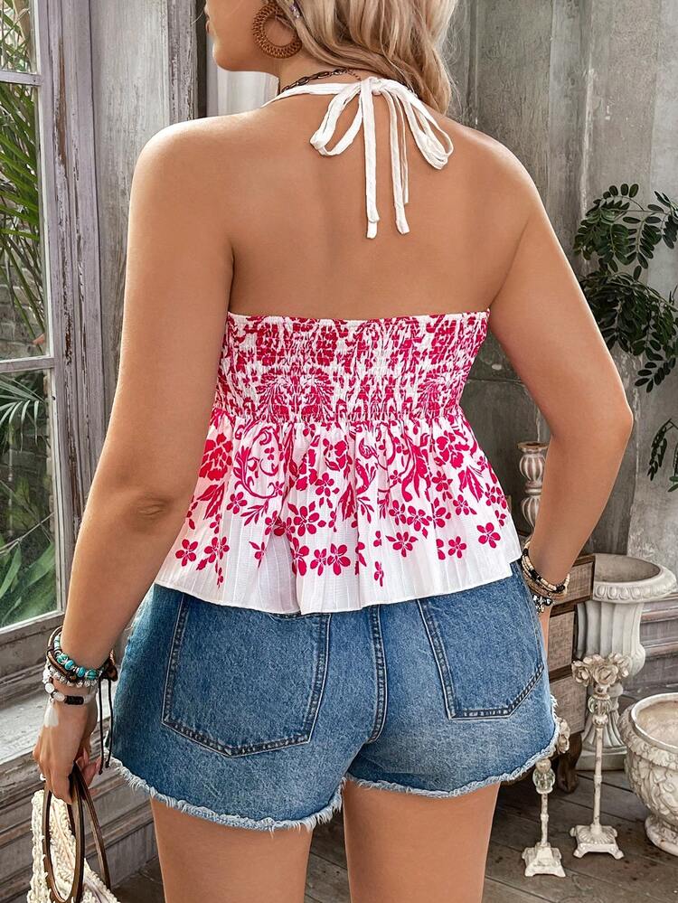 Plus Size Women's Vacation Printed Neck-Hanging Spaghetti Strap Top