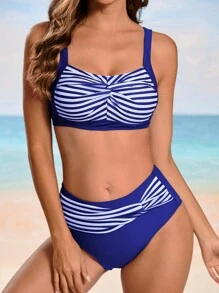 Swim Lushoire Conjunto de bikini de mujer de verano con rayas, nudo trenzado y estampado floral aleatorio, 2 piezas