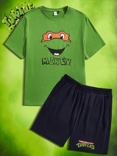 TEENAGE MUTANT NINJA TURTLES | SHEIN Mäns tecknade brevtryck kortärmade toppar och shorts Hemkläder Set för sommaren