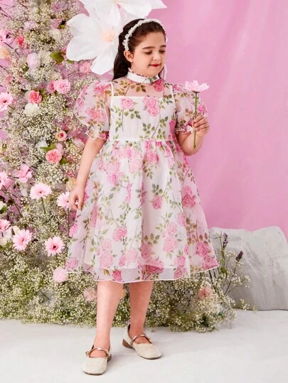 SHEIN Elegant And  Jacquard Short-Sleeved Dress With Stand Collar, For Tween Girls In Extended Sizes, Spring/Summer