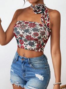 SHEIN VCAY Camiseta corta de malla tejida con estampado floral para mujer, ajuste delgado, ideal para vacaciones