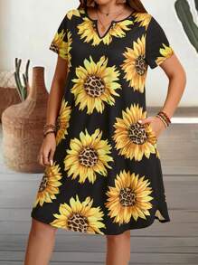EMERY ROSE Plus Size Summer Countryside Sunflower Printed Short Sleeve V-Neck Dress For Summer - Black - View 4