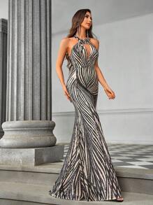 SHEIN Belle Luxurious Beaded Khaki & Black Mermaid Dress,Crossed Front V-Neck See-Through Mesh Spliced High-Waisted High Side Slit Long Train Formal Gown,Wedding - Khaki - View 4