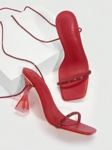 女士鞋子情人节时尚方头高跟绑带红色凉鞋 - 紅色 - 查看 6