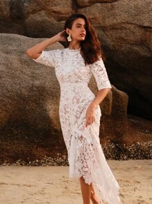 Anewsta Pure White Floral Water Soluble Lace Short Sleeve Mermaid Dress For Holiday Party Clothes Maxi Women Outfit - White - View 5