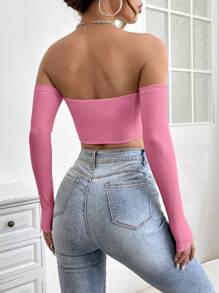 SHEIN PETITE Solid Off Shoulder Crop Off Shoulder Top - Pink - View 2