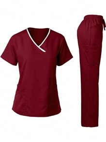 TaskEZ Burgundy Red Dagacci Uniform Women's Scrub Set Stretch Contrast Binding Top And Pants 12 Pockets - Burgundy - View 5