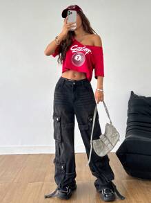 Coolane Camiseta casual de verano con escote en V y hombros descubiertos para mujer, atuendo para festivales de música