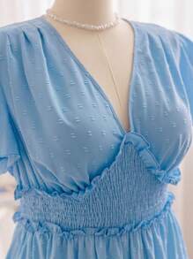 Soleia Plus Size Summer WYWH Casual Holiday Pastoral Romantic Blue Texture Ruffled Waist Dress - Blue - View 4