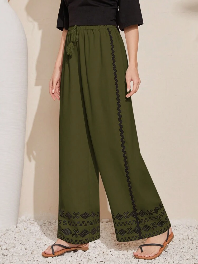 Women's Tassel Waist Tie Wide-Leg Casual Fit Casual Pants With Pockets