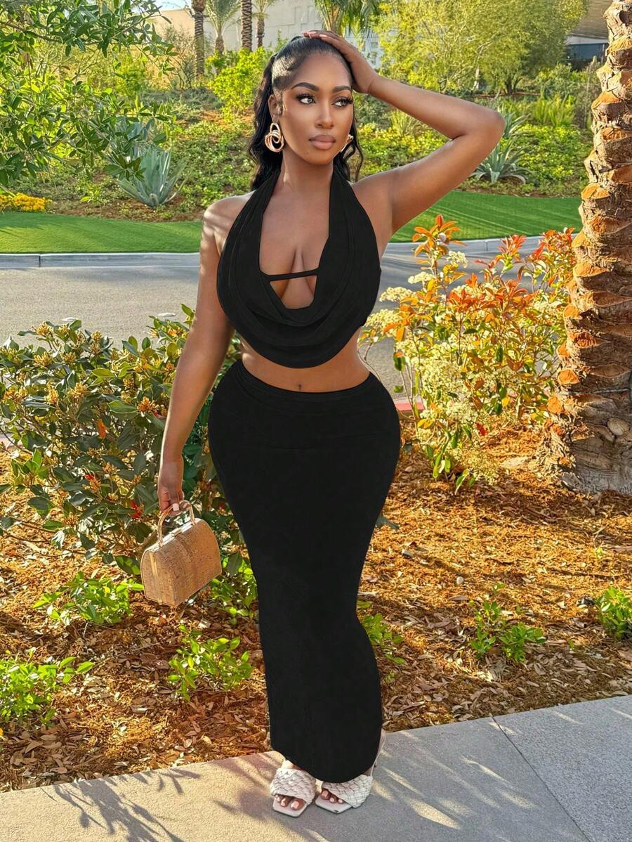 BamGleam Women Sexy Crowl Halter Top V-Neck Cami Top And Maxi Skirt Two Pieces Set For Club Party Outfit - Black - View 1