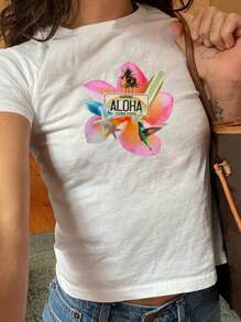 INAWLY 女士Y2K夏威夷椰樹熱帶花紋休閒T卹，夏季 - 白色 - 查看 3