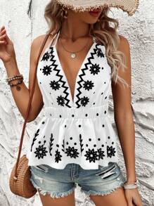 Breezaya Áo không tay cổ yếm in hoa có viền xù, hoàn hảo cho kỳ nghỉ hè - trắng - Xem 5