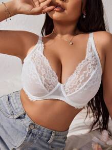 Plus Size Solid Color Lace Simple Bra & Wire-Free Bra Lingerie - White - View 5