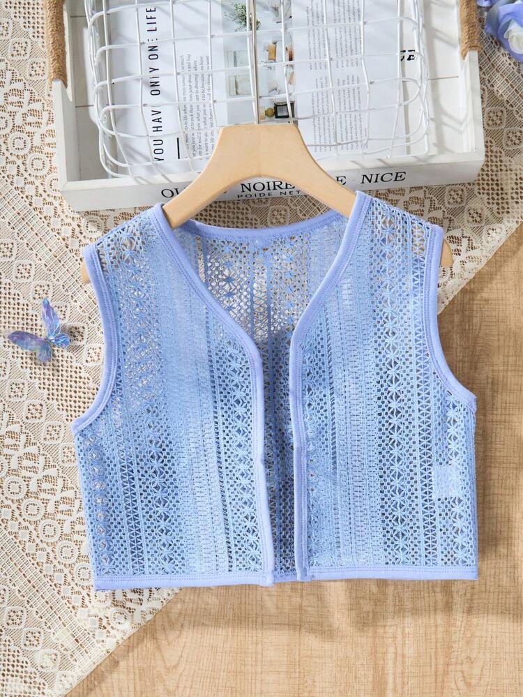 Tween Girl 3pcs Casual Elegant Holiday Party Puff Sleeve Shirt, Crocheted Vest And Pleated Skirt Set