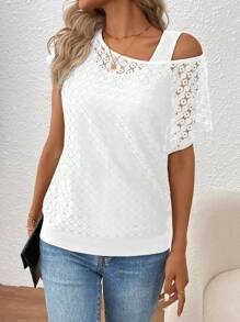 SHEIN LUNE Women's Lace Spliced 2 In 1 Asymmetrical Neck Top For Holiday Party Clothes - White - View 6