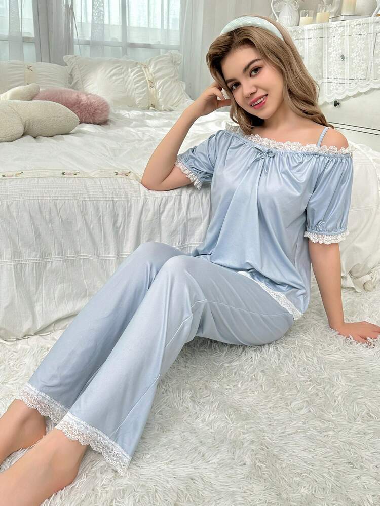 Teenage Girls' Light Blue Simple Loose Fit Short Sleeve Top And Long Pants 2-Piece Homewear Set