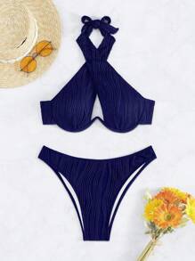 Bộ Bikini gợi cảm màu trơn khoét rỗng dây đeo chéo, trang phục đi biển mùa hè - Xanh đậm - Xem 3