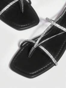 Rhinestone Decor Tie Leg Design Thong Sandals - Black - View 3