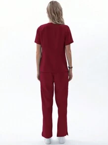 TaskEZ Burgundy Red Women Nurse Uniform Matte Scrubs Set, V-Neck Scrub Top With 1 Pocket & Drawstring Scrub Pants With 4 Pockets - Burgundy - View 3