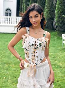 Zolique Women's Fashionable Fishbone Strap Asymmetrical Print Tank Top With Flounce Hem Summer Graduation Crop Women Tops - Multicolor - View 4