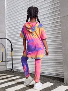 SHEIN Bộ đồ dệt kim thường ngày của cô gái Tween có mũ trùm đầu ngắn tay và quần dài cho mùa xuân hè - Màu Hồng Tươi - Xem 2