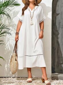 EMERY ROSE Abito bianco estivo con maniche corte e scollo a V di taglia grande per le vacanze estive