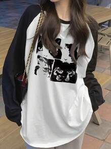 INAWLY 女士春夏休闲修身猫咪印花T恤，撞色圆领插肩长袖设计，适合春秋季穿着。 - 彩色 - 查看 4