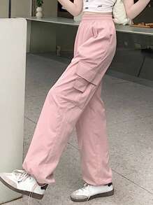 DAZY Women Solid Color Loose Straight-Leg Pants With Pockets For Casual Wear